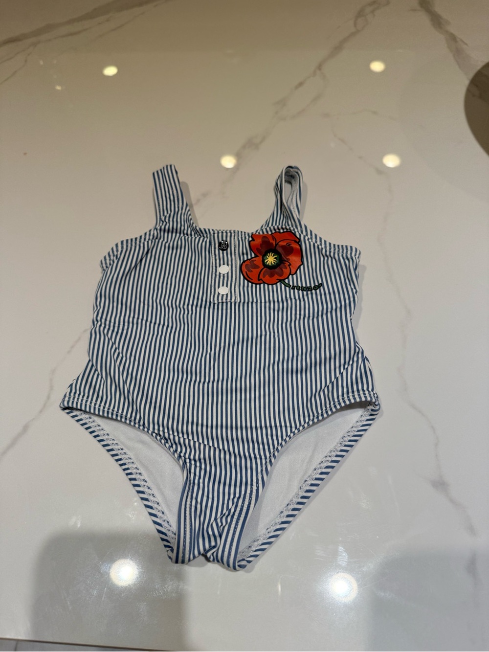 Kenzo Blue & White Striped One-Piece Swimsuit with Red Floral Patch